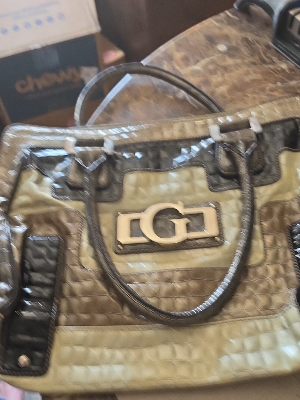 Guess Green and Brown Croc-Embossed Tote Bag with Silver Hardware - Picture 1 of 3